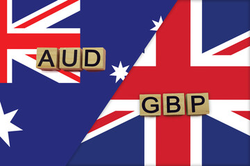 Fototapeta na wymiar Australia and United Kingdom currencies codes on national flags background