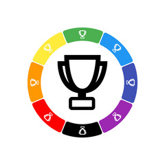 A large black trophy symbol in the center, surrounded by eight white symbols on a colored background. Background of seven rainbow colors and black. Vector illustration on white background