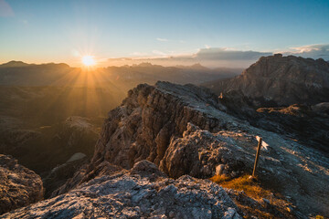 Beautiful scenic views of rocks and shadows at sunset in the Dolomites. Gorgeous stunning mountains in the golden hour. Italy