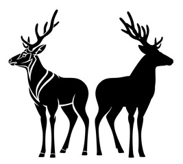 beautiful wild deer with large antlers black and white vector outline and silhouette design - standing animal simple style portrait