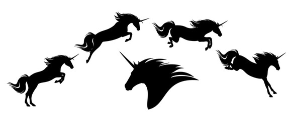 fairy tale unicorn horse jumping forward - mythical creature motion phases black vector silhouette set