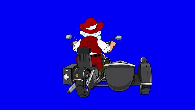Animation of Santa Claus in a cowboy hat on a motorcycle
