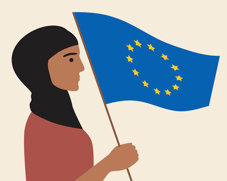 Islamic woman migrant with eu flag isolated as migration concept, patriotic flat vector stock illustration with citizen - Powered by Adobe