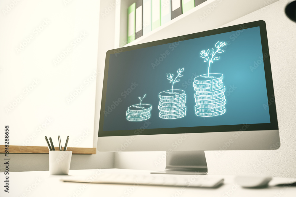 Poster modern computer monitor with cash savings hologram. development and achievement of goals concept. 3d