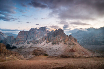 Dolomites scenic view at sunrise, beautiful alpine panorama, Italy