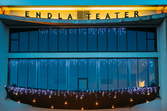 Parnu, Estonia. Building Of Endla Theatre In Evening Christmas Xmas New Year Illuminations