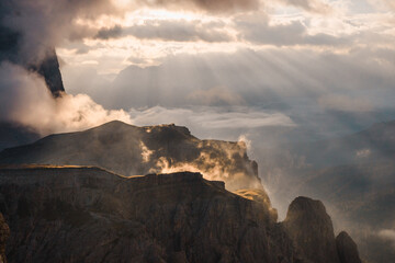 Stunning morning view in Dolomites from Lagazuoi Mountain, beautiful sunrise alpine panorama, Italy