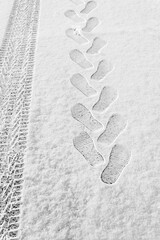 rhythmic footprints, boot tracks and car tires on thin white snow in winter go into the distance,...