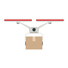 Drone delivery. Quadcopter carrying a package to customer. Delivery of a cardboard box drone by air isolated on white background. Front view