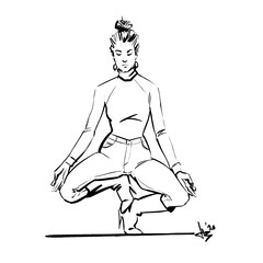 Young woman balancing in a yoga pose, feeling zen. Illustration about mental health and lifestyle. 