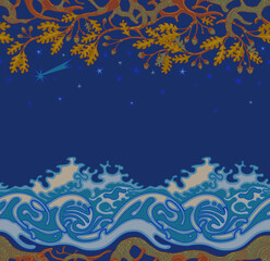 Fototapeta na wymiar Vector fairy background of oak branches, stars and sea waves