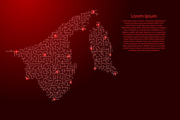 Brunei map from red pattern of the maze grid and glowing space stars grid. Vector illustration.
