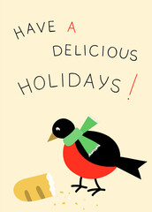 Funny  Christmas postcard with little bird and bread. Winter cel