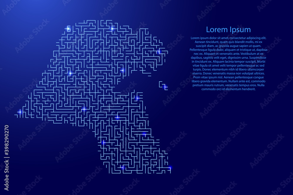 Poster kuwait map from blue pattern of the maze grid and glowing space stars grid. vector illustration.