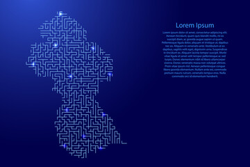 Guyana map from blue pattern of the maze grid and glowing space stars grid. Vector illustration.