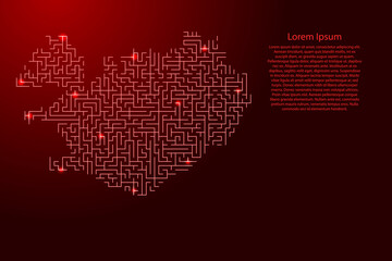 Iceland map from red pattern of the maze grid and glowing space stars grid. Vector illustration.