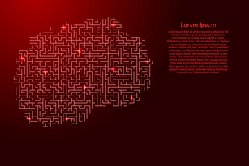 North Macedonia map from red pattern of the maze grid and glowing space stars grid. Vector illustration.