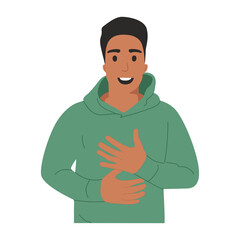 Joyful young black guy looks at the camera with a smile and hands on himself, portrait. Mockup for advertising, space for text, isolated on white background