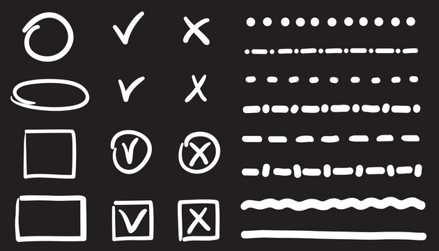 White infographic elements on isolated black background. Set of doodles