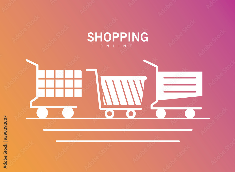 Poster bundle of three shopping carts line style icons