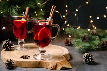 Mulled wine. Traditional christmas, new year and winter drink with red wine, citrus and spices.
