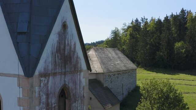 Medieval old church black mold formation on structure in Lese Slovenia