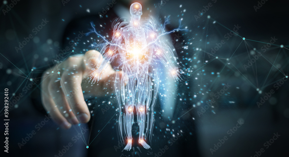 Poster Man using digital x-ray human body holographic scan projection 3D rendering
