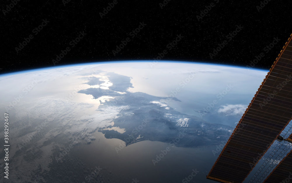 Poster view of planet earth from a space station window during a sunrise 3d rendering elements of this imag