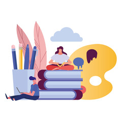 young couple using laptop and reading book creative characters