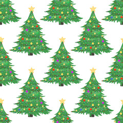Fototapeta premium Hand drawn seamless pattern of bright green Christmas trees, decoration balls, stars, garlands. Happy New Year and Christmas illustration for greeting card, invitation, wallpaper, wrapping paper