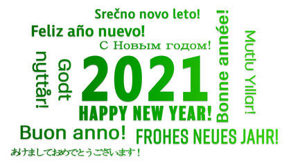 illustration of a word cloud with the message happy new year in green and in different languages