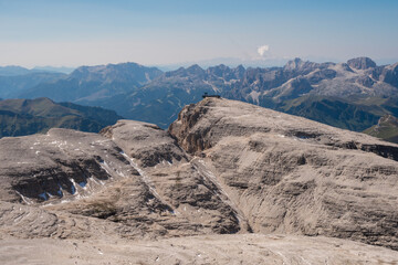 Beautiful stunning views of the Alps seen from Passo Pordoi andto Piz Boe hike in Dolomites, Italy