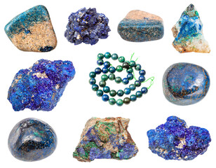 collection of various azurite natural mineral gem stones and samples of rock isolated on white...