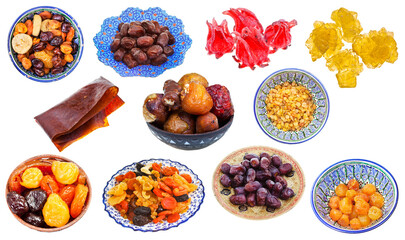 collage from various sweet dried fruits isolated on white background