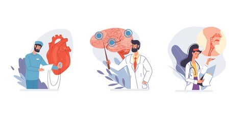 Set of cartoon flat doctor characters and nurses in uniform,laboratory coats with medical devices and internal organs-medic team,various poses and persons