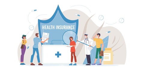 Cartoon flat doctor characters in uniforms,lab coats and symbols-medical insurance, treatment and therapy concept