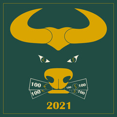 Chinese zodiac sign Year of the Ox. Conceptual vector illustration of the numbers of the year and the head of a bull chewing euros and dollars.