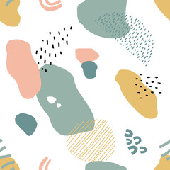 Abstract seamless pattern in trendy style with botanical and geometric elements, textures. Trendy pastel colors. 