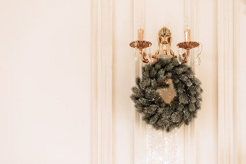 Christmas decorative wreath with fir-tree illumination. home decor for christmas