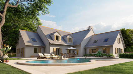 Classical pitched roof house with pool and garden