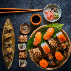 The flat lay of the Japanese food assortment - sushi, nigiri, tempura, maki, sashimi on dark background with copy space. Traditional Japanese cuisine. Asian restaurant concept menu.