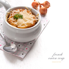 French onion soup in the white bowl