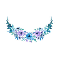 Watercolor turquose half circle wreath. Pastel purple, pink floral arrangement. Vintage garland with peonies and leaves. Rose composition. For wedding design, decoration, greetings, invitations