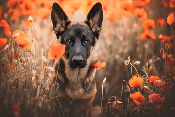 Portrait of a young german shepherd dog in a poppy field, summertime, dog in nature, sunset, happy...