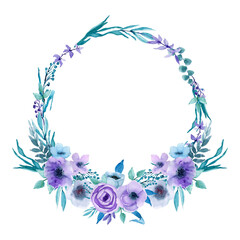 Fototapeta na wymiar Watercolor turquose wreath. Pastel purple, pink floral arrangement. Vintage garland with peonies and leaves. Rose composition