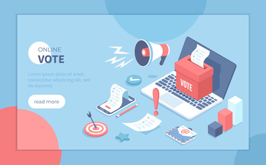Fototapeta na wymiar Online Voting. E-voting, election internet service, online choice. Ballot box with blank on laptop screen. Voting ballot on the phone screen. Isometric vector illustration for banner, website. 