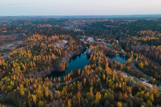 Aerial view of natural park Ruskeala in Karelia, golden autumn with colourful trees in Russia