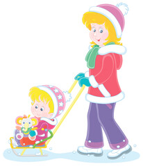 Young cute mom sledding a happy little daughter with a funny toy elephant on a winter day, vector cartoon illustration isolated on a white background