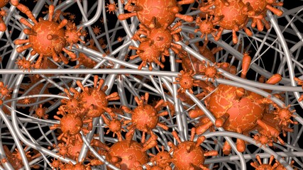 Germs, viruses  , bacteria captured in filter . Pathogens trapped in microfibers mask . 3d rendering illustration