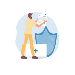 Cartoon flat doctor character in uniform,lab coat and symbols-medical insurance, treatment and therapy concept